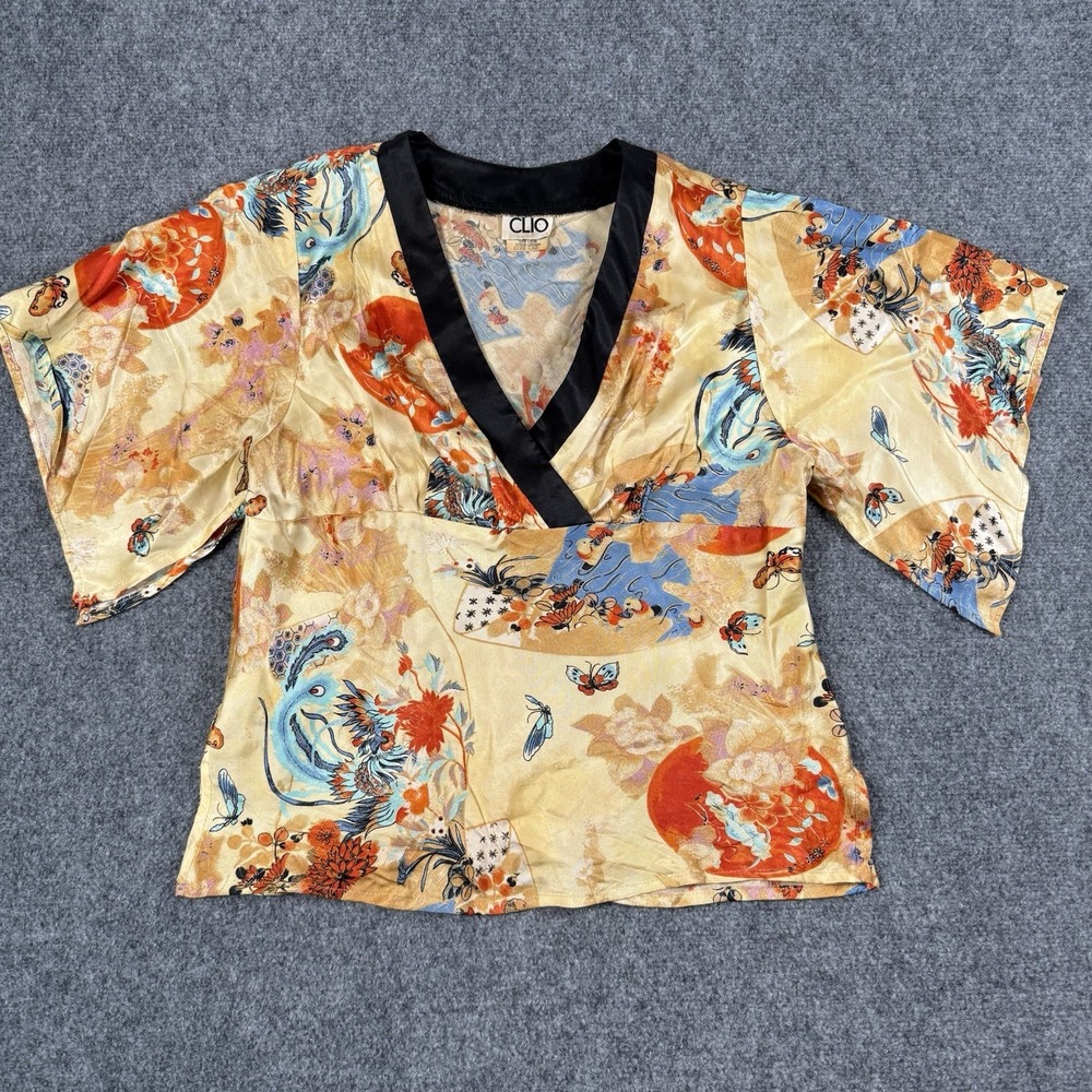 👘✨ Vintage Clio Asian Silk Feel Rayon Kimono Blouse Large Phoenix Butterfly USA
